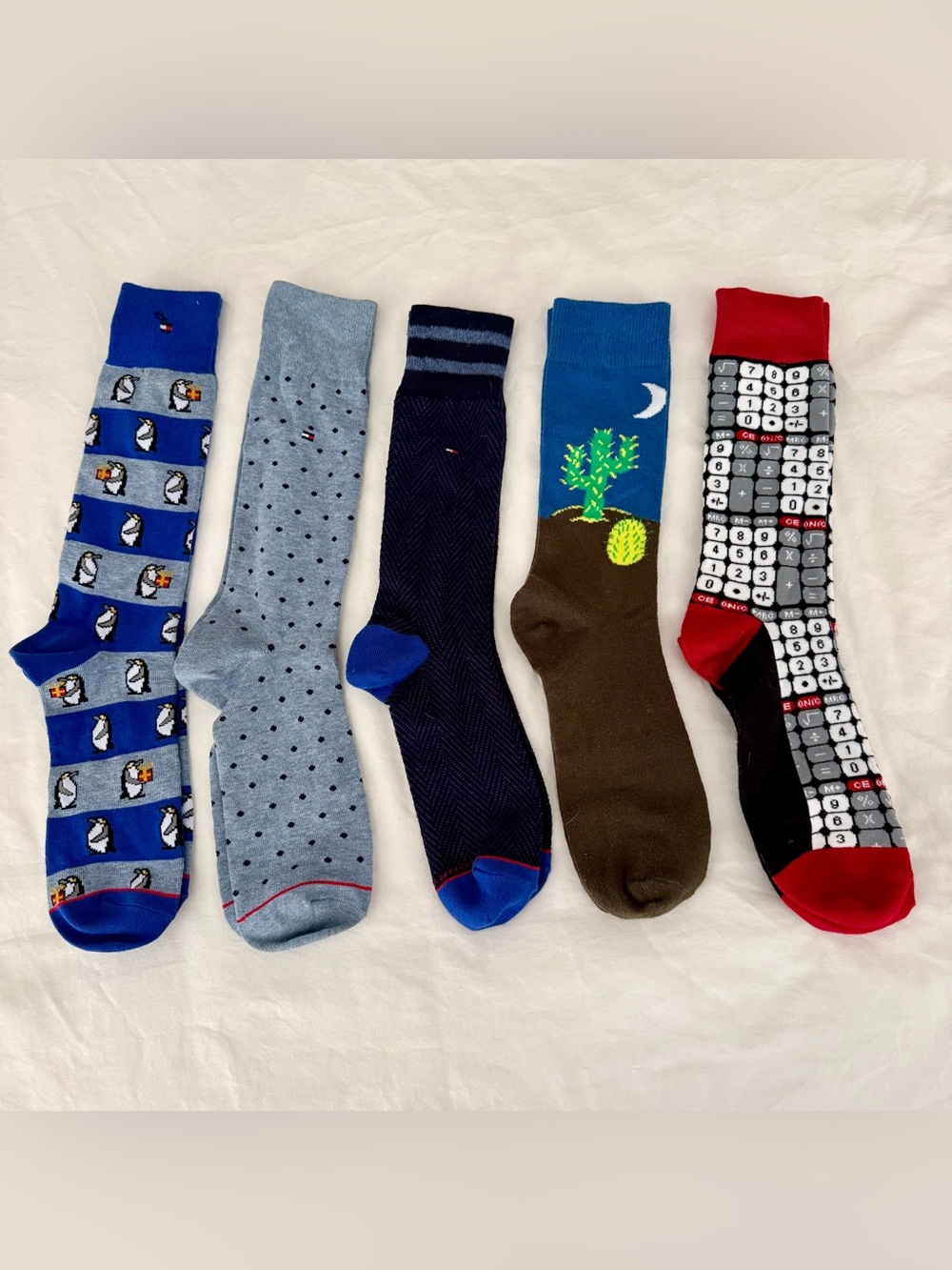 Men’s Crew Socks 5 Pair Bundle: 3 Tommy Hilfiger 2 Novelty Cactus Calculator